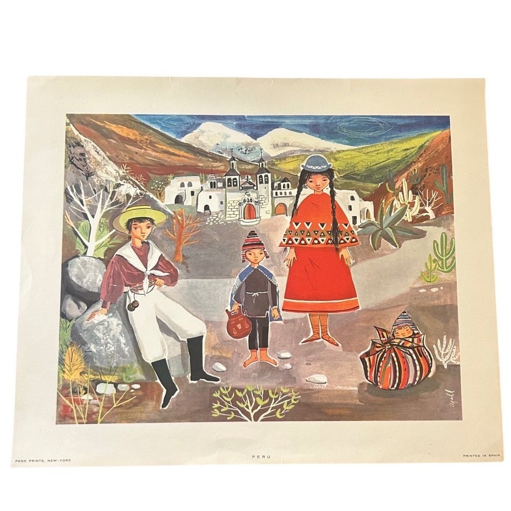 Vintage Penn Prints Peru Folk Art Print MCM Lithograph Made In Spain 1950s-1960s